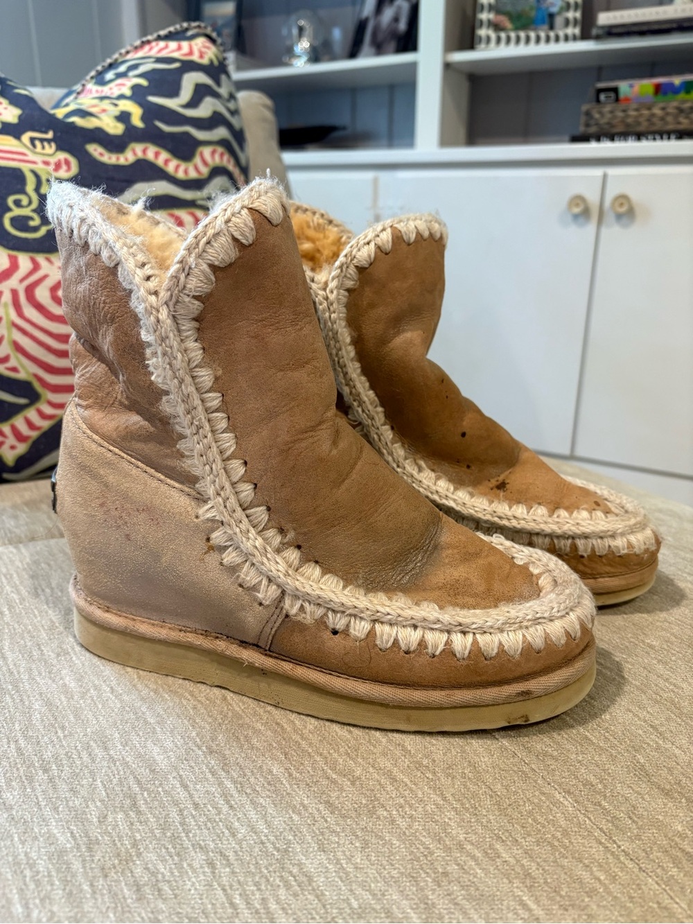 Mou Women's Tan Suede Wedge Ankle Boots with Crochet Trim
